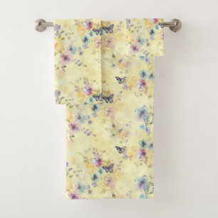 Pretty Yellow Butterfly Floral Pastel  Bath Towel Set