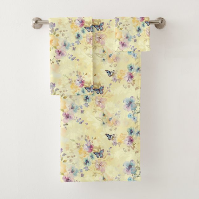 Pretty Yellow Butterfly Floral Pastel  Bath Towel Set (Insitu)
