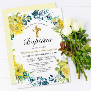 Pretty Yellow Floral Gold Cross Baptism Invitation