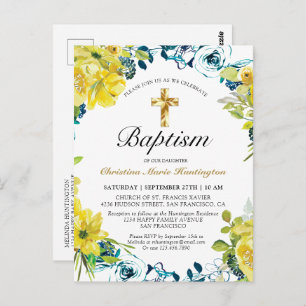 Pretty Yellow Floral Gold Cross Baptism Invitation Postcard