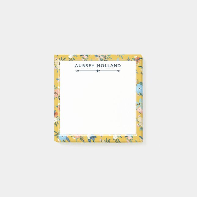 Pretty Yellow Floral Pattern Add Name Post-it Notes (Front)