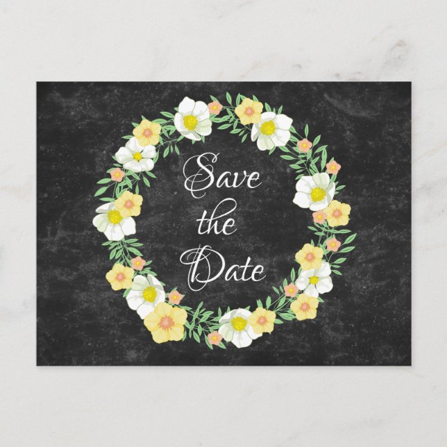 Pretty Yellow Floral Save the Date Wreath Announcement Postcard (Front)
