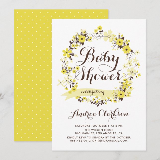 Pretty Yellow Floral Wreath Summer Baby Shower Invitation (Front/Back)