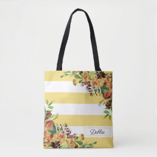 Pretty Yellow Flowers And Stripes Tote Bag