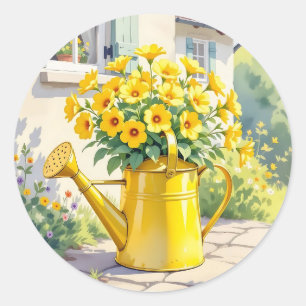 Pretty Yellow Flowers in Watering Can Classic Round Sticker