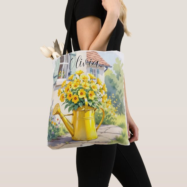 Pretty Yellow Flowers in Watering Can Personalised Tote Bag (Close Up)