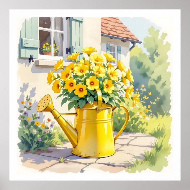 Pretty Yellow Flowers in Watering Can   Poster (Front)