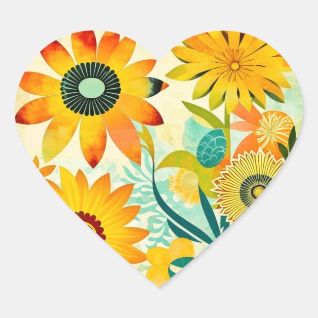 Pretty Yellow Flowers Whimsical Folk Art Heart Sticker (Front)