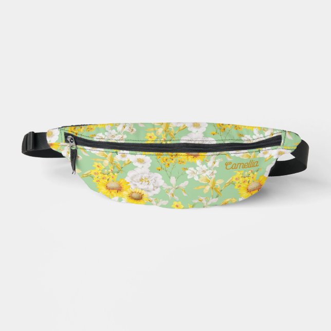 Pretty Yellow Green Floral Pattern Name Custom Bum Bags (Front)
