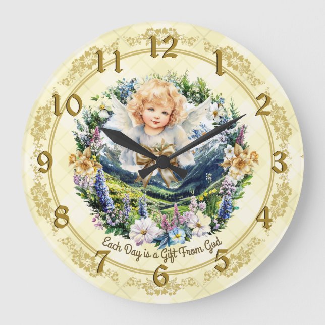 Pretty Yellow Inspirational Angel Cherub  Large Clock (Front)