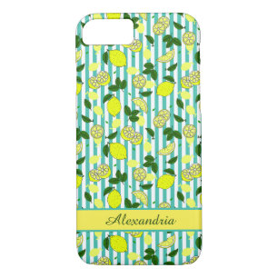 Pretty Yellow Lemons on Teal Blue Stripes iPhone 8/7 Case