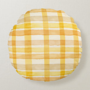 Pretty Yellow, Orange Watercolor Check Pattern Round Cushion
