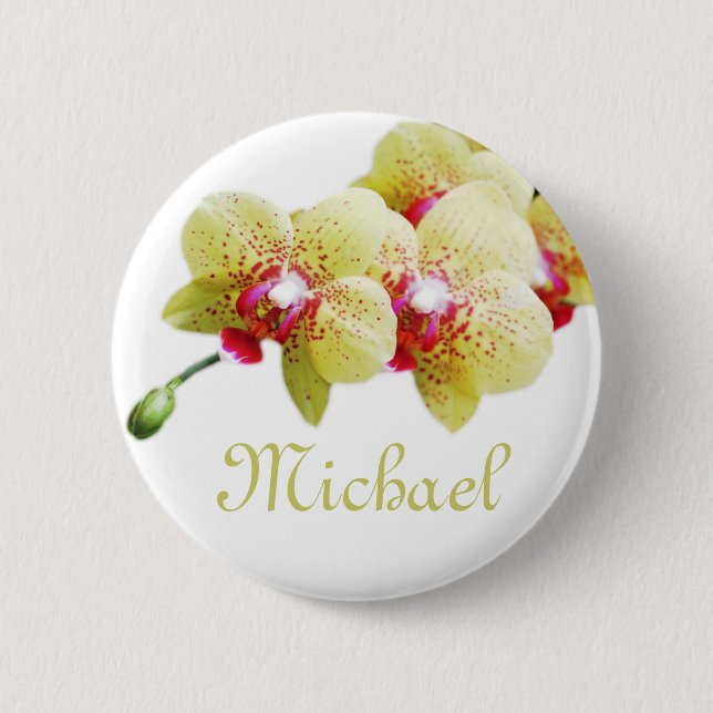 pretty yellow orchid flowers personal name button (Front)