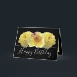 Pretty Yellow Peonies Chic Floral Bouquet Birthday Card<br><div class="desc">Beautiful large yellow peonies form a beautiful floral bouquet against a black colour background. The birthday greeting text uses an attractive script typography font. The flowers cover the front of this card which can be used as a thank you card, a birthday card, or any other card of your choice....</div>