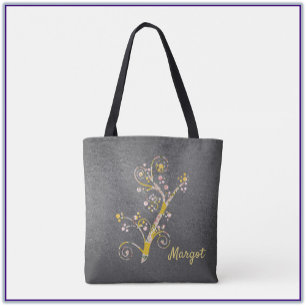 Pretty Yellow Pink and Grey Cherry Blossom Tote Ba