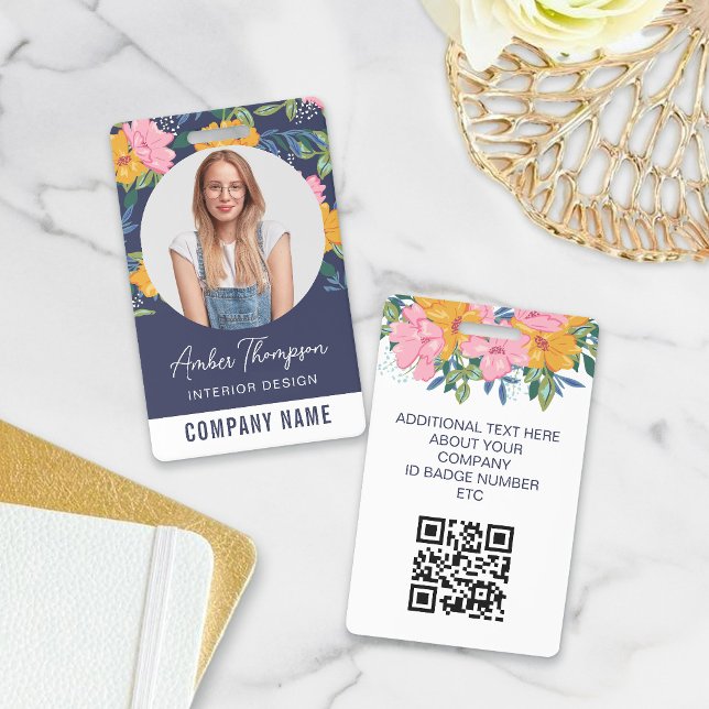 Pretty Yellow Pink Floral Pattern ID Photo Badge (Creator Uploaded)