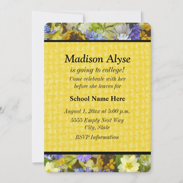 Pretty Yellow Purple Floral"Off To College" Invite (Front)
