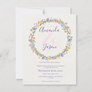 Pretty Yellow Purple Wildflowers Wreath Wedding  Postcard