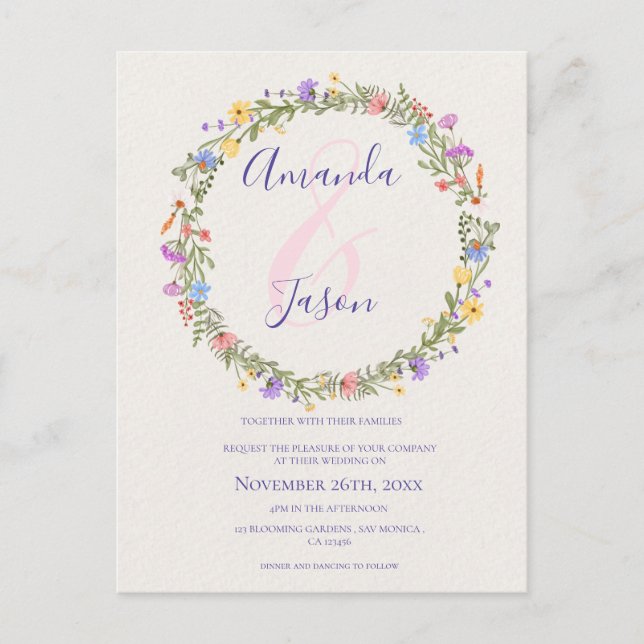 Pretty Yellow Purple Wildflowers Wreath Wedding  Postcard (Front)