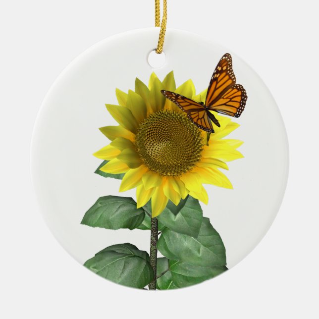 Pretty Yellow Sunflower and Orange Butterfly Ceramic Tree Decoration (Front)