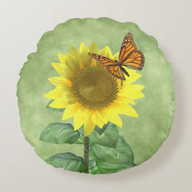 Pretty Yellow Sunflower and Orange Butterfly Round Cushion (Front)