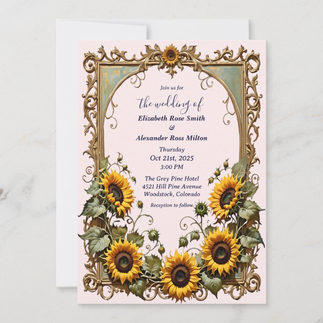 Pretty Yellow sunflower art frame wedding  Invitation (Front)