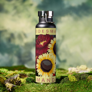 Pretty Yellow Sunflower Bridesmaid Name Wedding Water Bottle