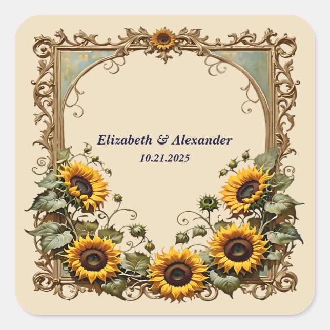 Pretty yellow sunflower elegant wedding  square sticker (Front)