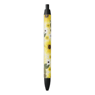 Pretty Yellow Sunflower Garden Floral Black Ink Pen
