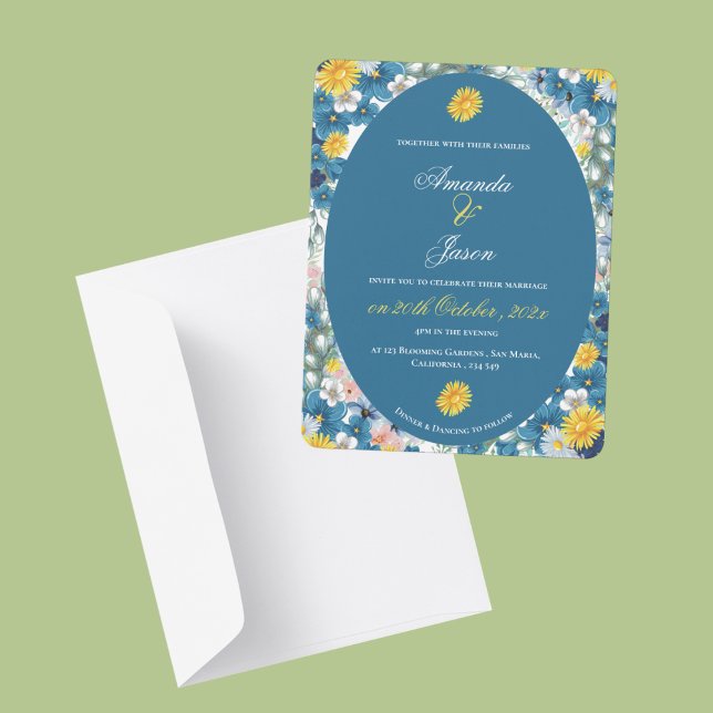 Pretty Yellow Sunflower White Blue Floral Wedding Invitation (Pretty Yellow Sunflower White Blue Floral Wedding Invitation)