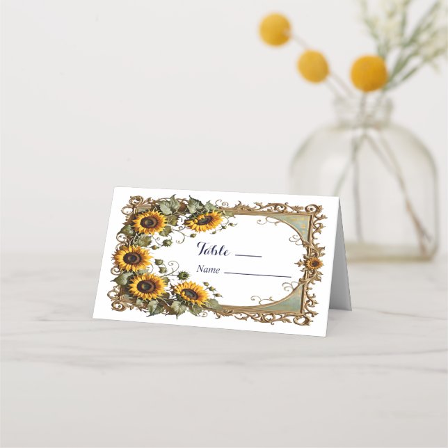 Pretty Yellow sunflower with art frame wedding Place Card (Front)