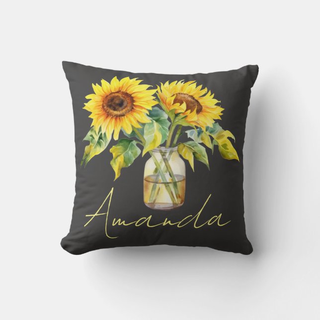 Pretty Yellow Sunflowers Black Minimalist Name Cushion (Front)