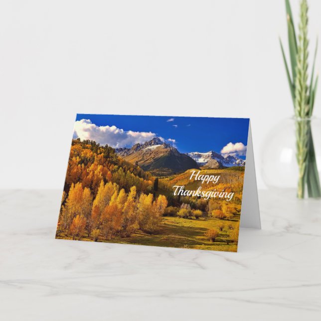 Pretty Yellow Trees Mountain Photo Thanksgiving Holiday Card (Front)