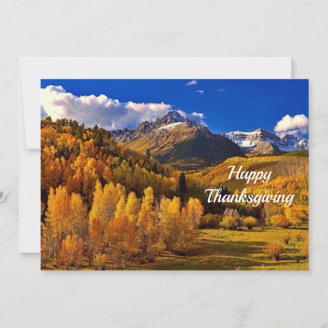 Pretty Yellow Trees Mountain Thanksgiving Flat Holiday Card (Front)