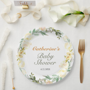 Pretty Yellow Watercolor Floral Baby Shower Paper Plate
