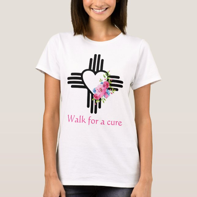 Pretty Zia Heart Roses Pink Ribbon Cure Walk Run T-Shirt (Front)