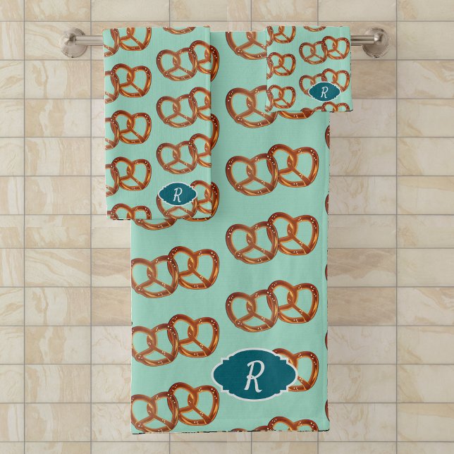 Pretzel Theme Bread Knots: Your initial / monogram Bath Towel Set (Creator Uploaded)