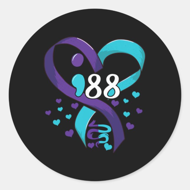 Prevention Awareness 988 Heart Teal And Purple  Classic Round Sticker (Front)