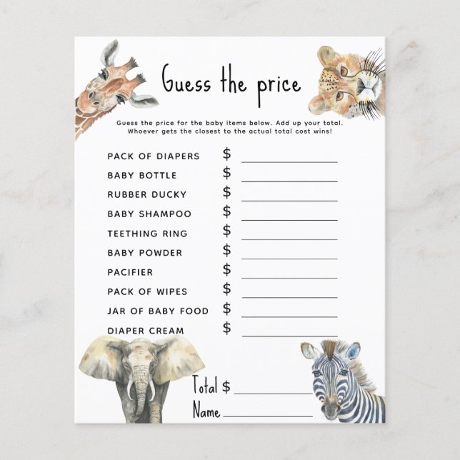 Price Guess Game - safari baby shower activity (Front)