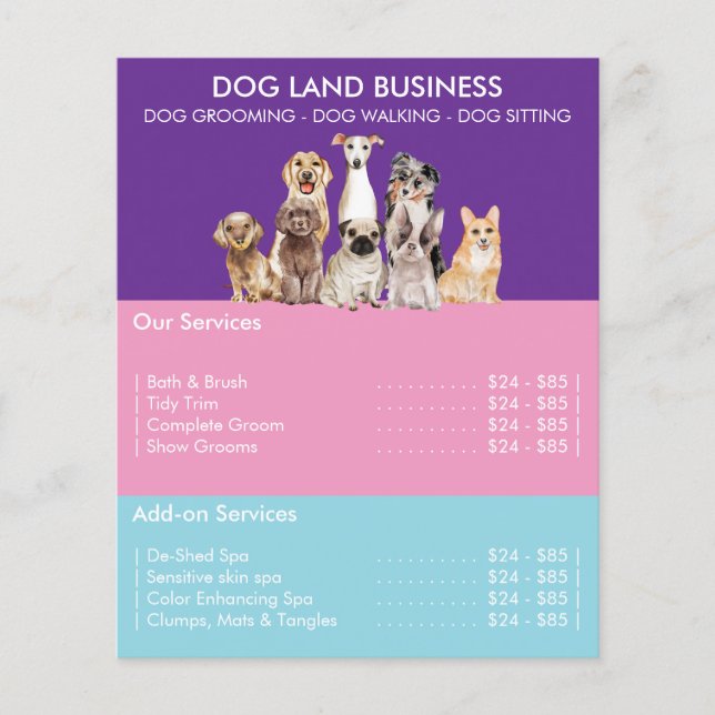 Price List for Dog Grooming purple blue Pink  Flyer (Front)