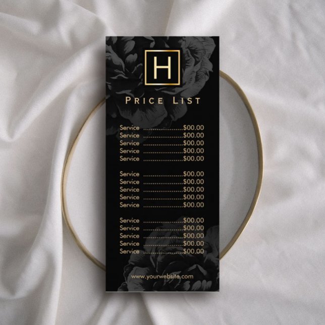Price List | Gold Monogram Elegant Dark Floral Rack Card (Creator Uploaded)