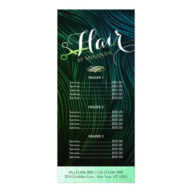 Price List Hairstylist Makeup Green Gold Scissors Rack Card (Front)