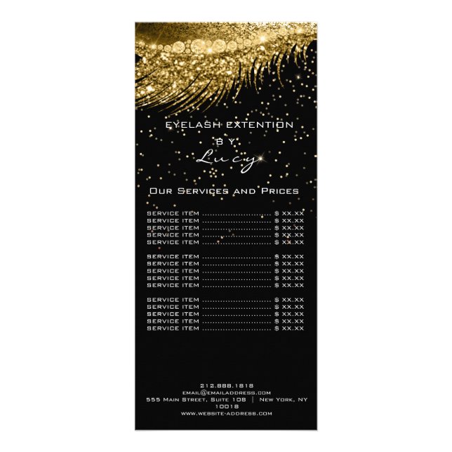 Price List Lashes Extension Glitter Gold Black Rack Card (Front)