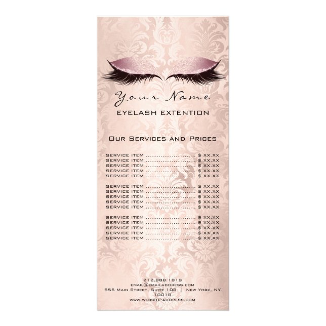 Price List Lashes Extension Makeup Damask Pink SPA Rack Card (Back)