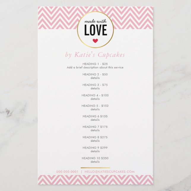 PRICE LIST made with love modern pink chevron Flyer (Front)