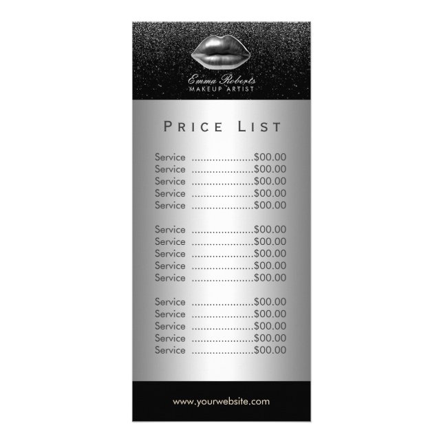 Price List | Makeup Artist Silver Lips Salon Rack Card (Front)