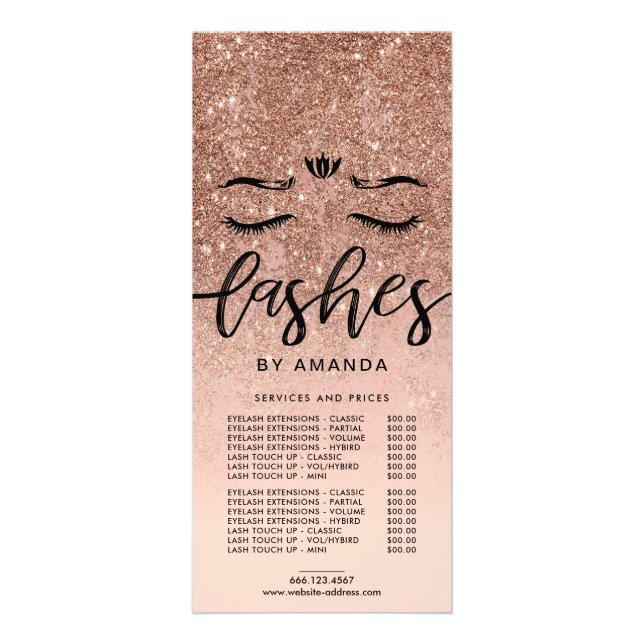 Price List Rose Gold Glitter Ombre Lashes Rack Card (Front)