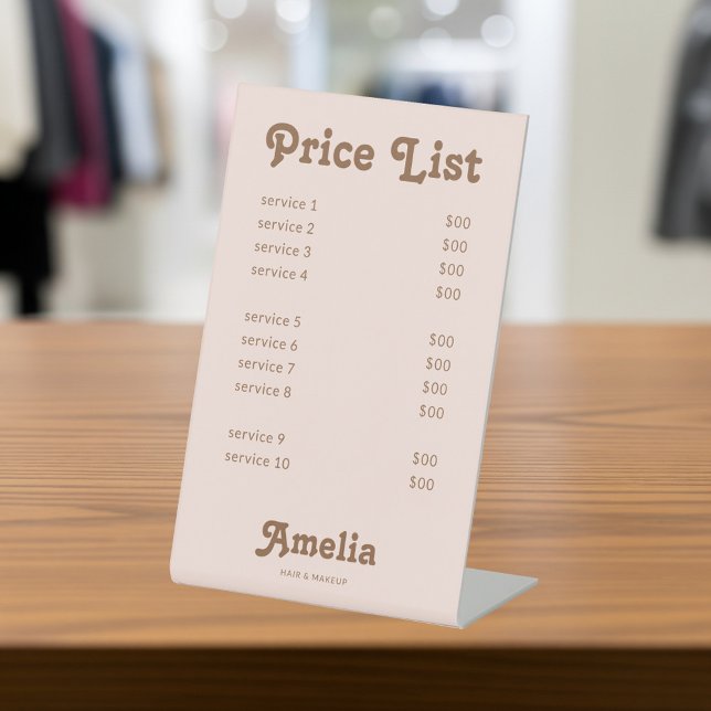 Price List Service Retro Pink Brown Pedestal Sign (Creator Uploaded)