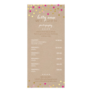 PRICE SERVICES LIST confetti HOT PINK gold kraft Rack Card