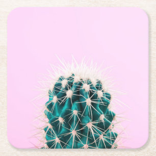 Prickley Cactus on Pink Square Paper Coaster